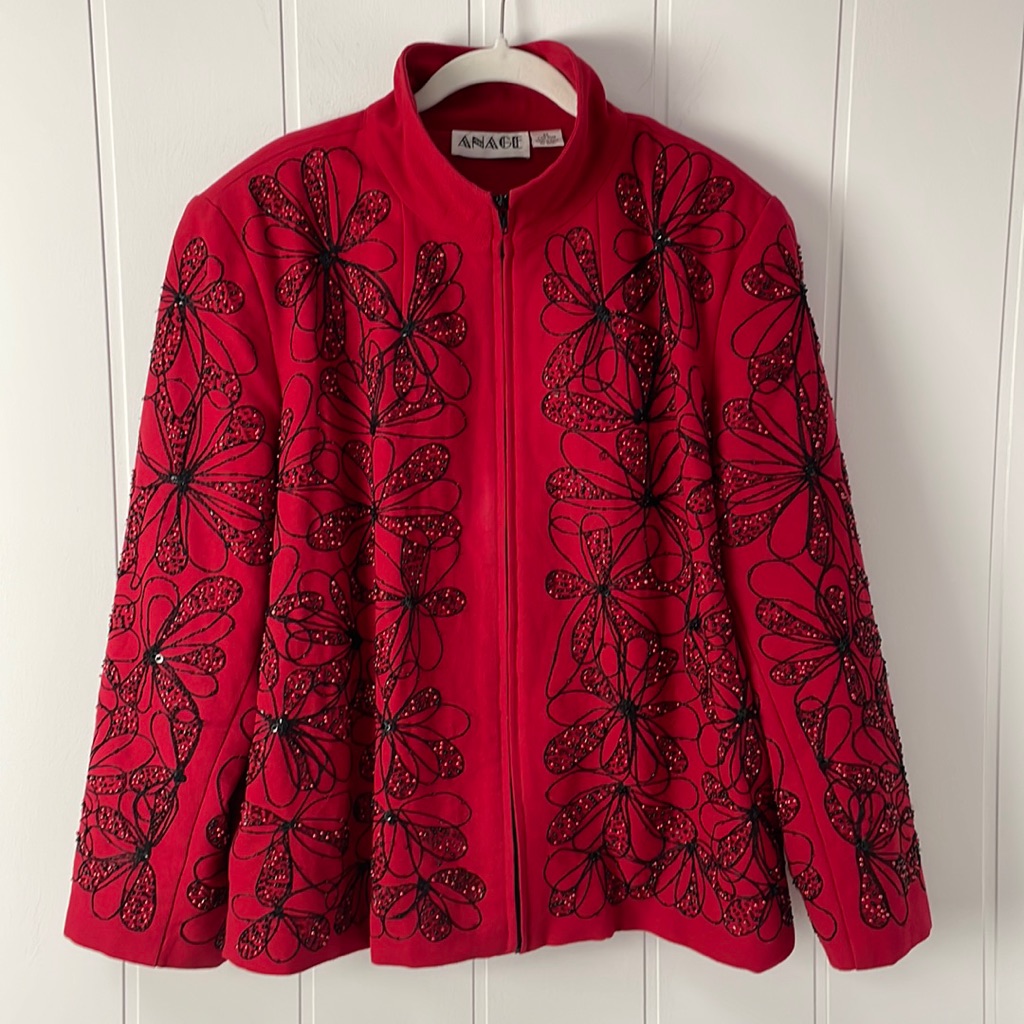 Vintage Red Black Floral Beaded Coat Women's Size 2x Cotton Festival Boho Flaws